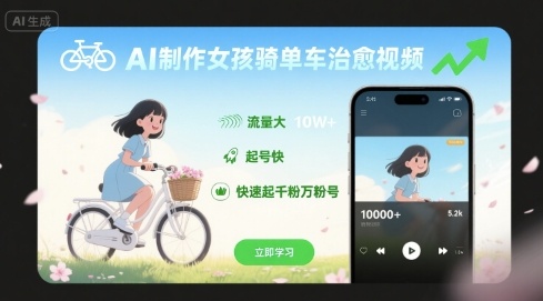 AI制作女孩骑单车治愈视频，流量大，起号快，快速起千粉万粉号-77so