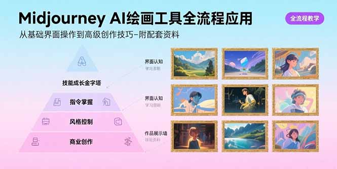 Midjourney AI绘画工具全流程应用，从基础界面操作到高级创作-附配套资料-77so