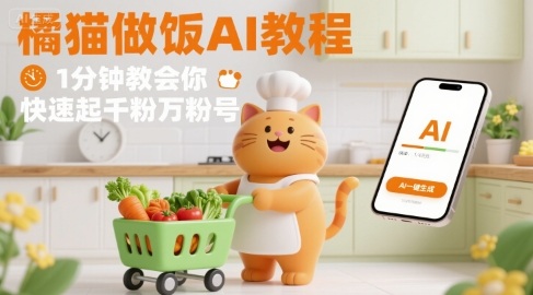 有趣的橘猫买菜做饭视频，用AI一键搞定，1分钟教会你，快速起千粉万粉号-77so