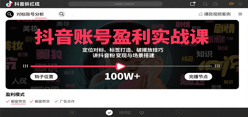 抖音账号盈利实战课，定位对标、标签打造、破播放技巧，讲涨粉变现与场景搭建-77so