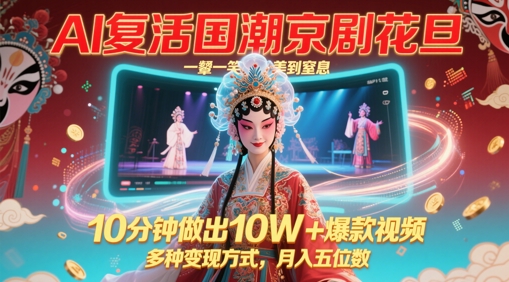 AI复活国潮京剧花旦，一颦一笑美到窒息，10分钟做出10W+爆款视频，多种变现方式，月入五位数-77so