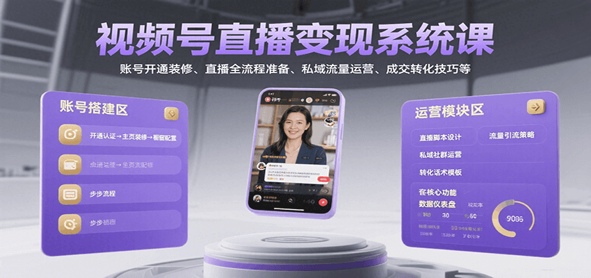 视频号直播变现系统课，账号开通装修、直播全流程准备、私域流量运营、成交转化技巧等-77so