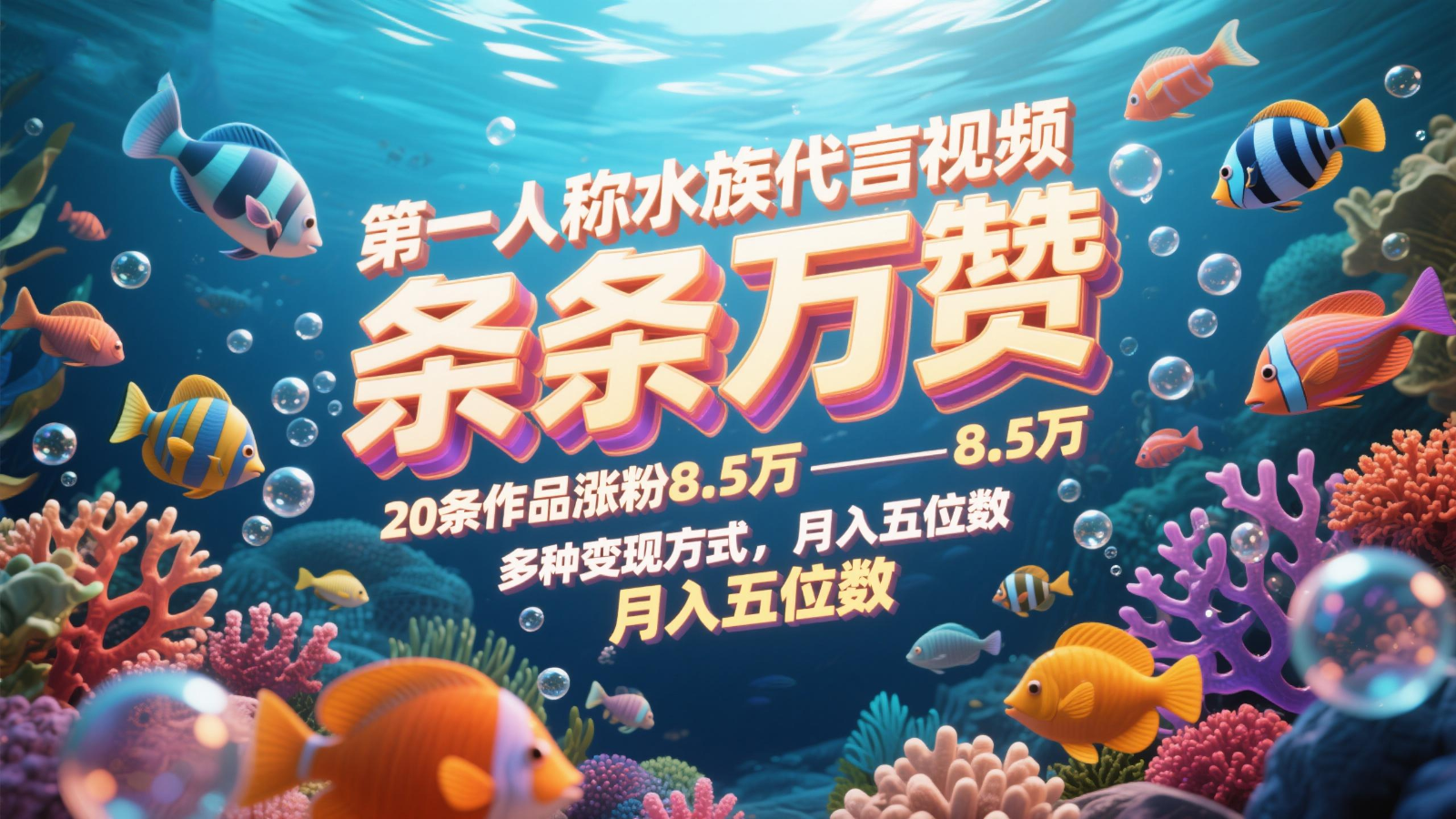 第一人称水族代言视频，条条万赞，20条作品涨粉8.5万，多种变现方式月，入五位数-77so