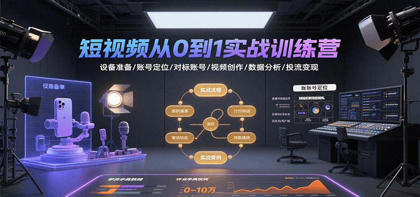 短视频从0到1实战训练营：设备准备/账号定位/对标账号/视频创作/数据分析/投流变现-77so
