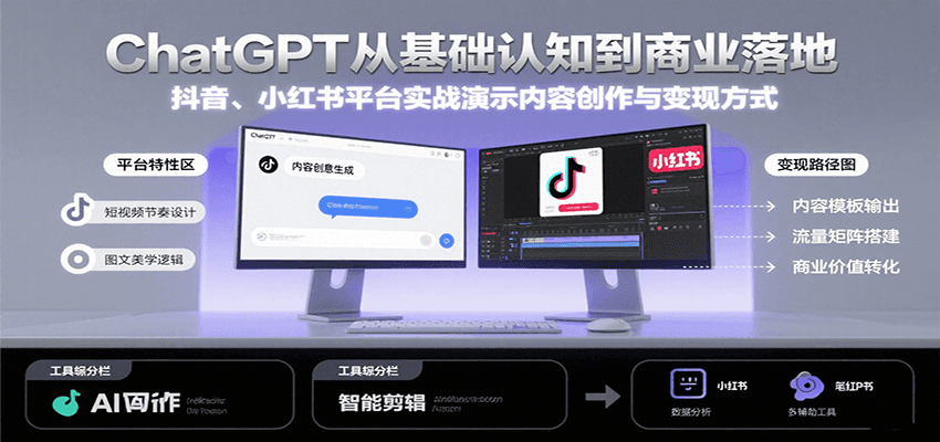 ChatGPT从基础认知到商业落地，实战演示抖音、小红书等平台的内容创作与变现-77so