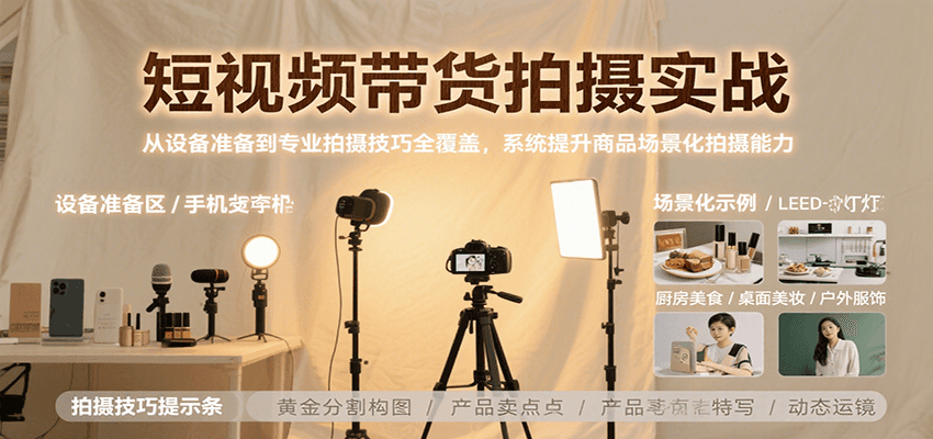 短视频带货拍摄实战，从设备准备到专业拍摄技巧全覆盖，系统提升商品场景化拍摄能力-77so