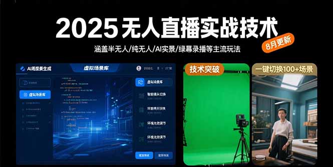 2025无人直播实战技术-8月，涵盖半无人/纯无人/AI实景/绿幕录播等主流玩法-77so