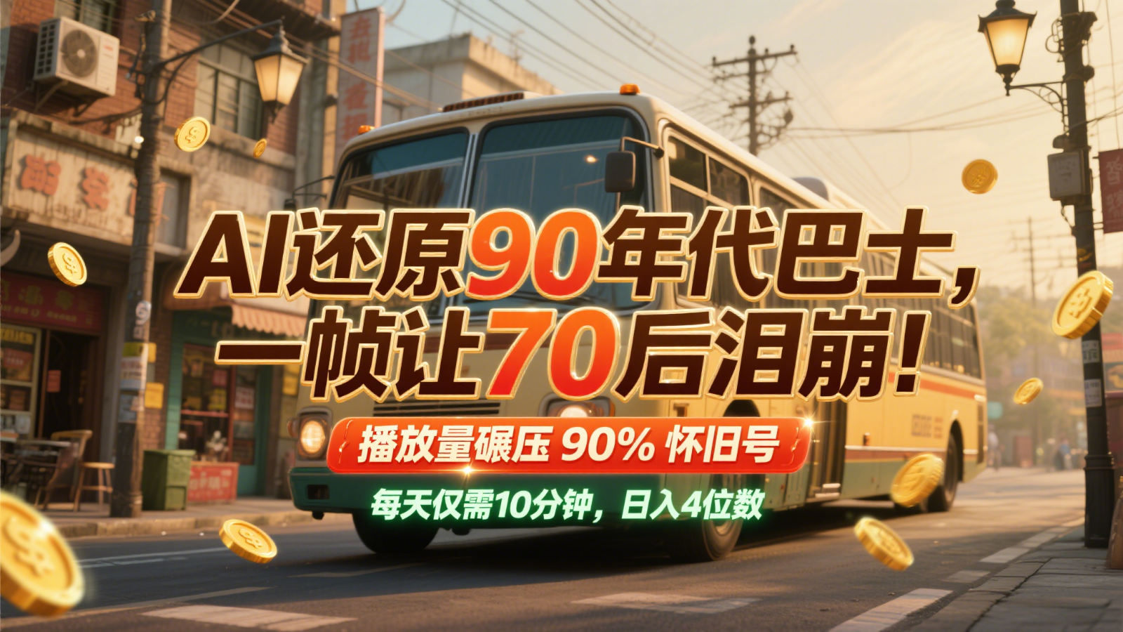 AI还原90年代巴士，一帧让70后泪崩！播放量碾压90%怀旧号，每天10分钟，日入4位数-77so